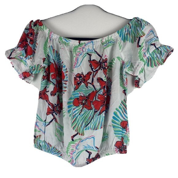 Levi's Womens Tropical Floral Blouse Size XS Cinched Short Sleeve Vacation - Picture 1 of 6